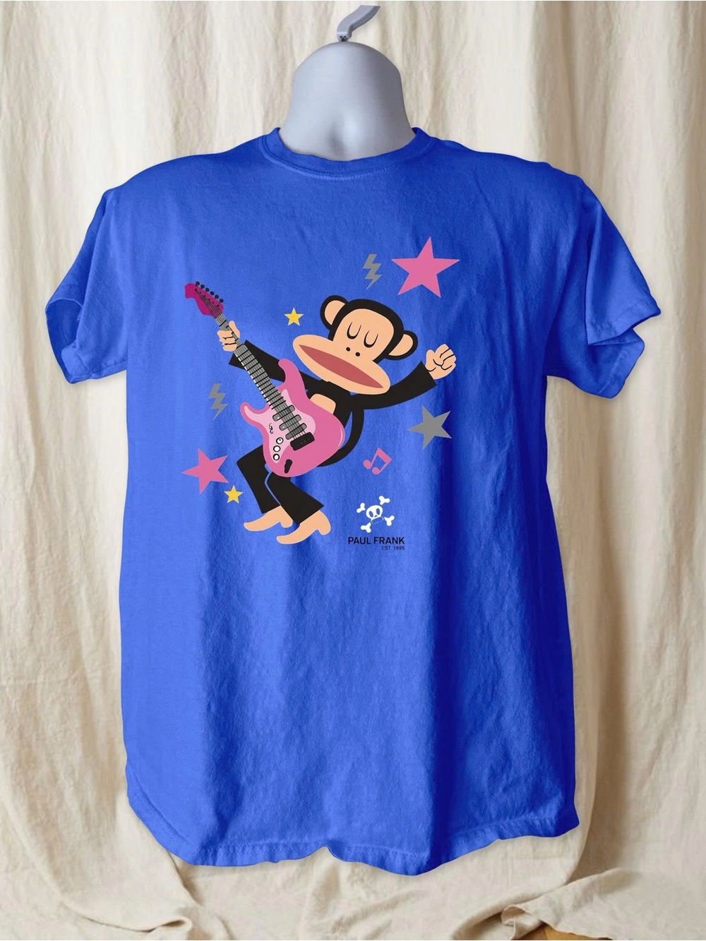 PaulFrankk Blue Tee with Pink Guitar Monkey Graphic